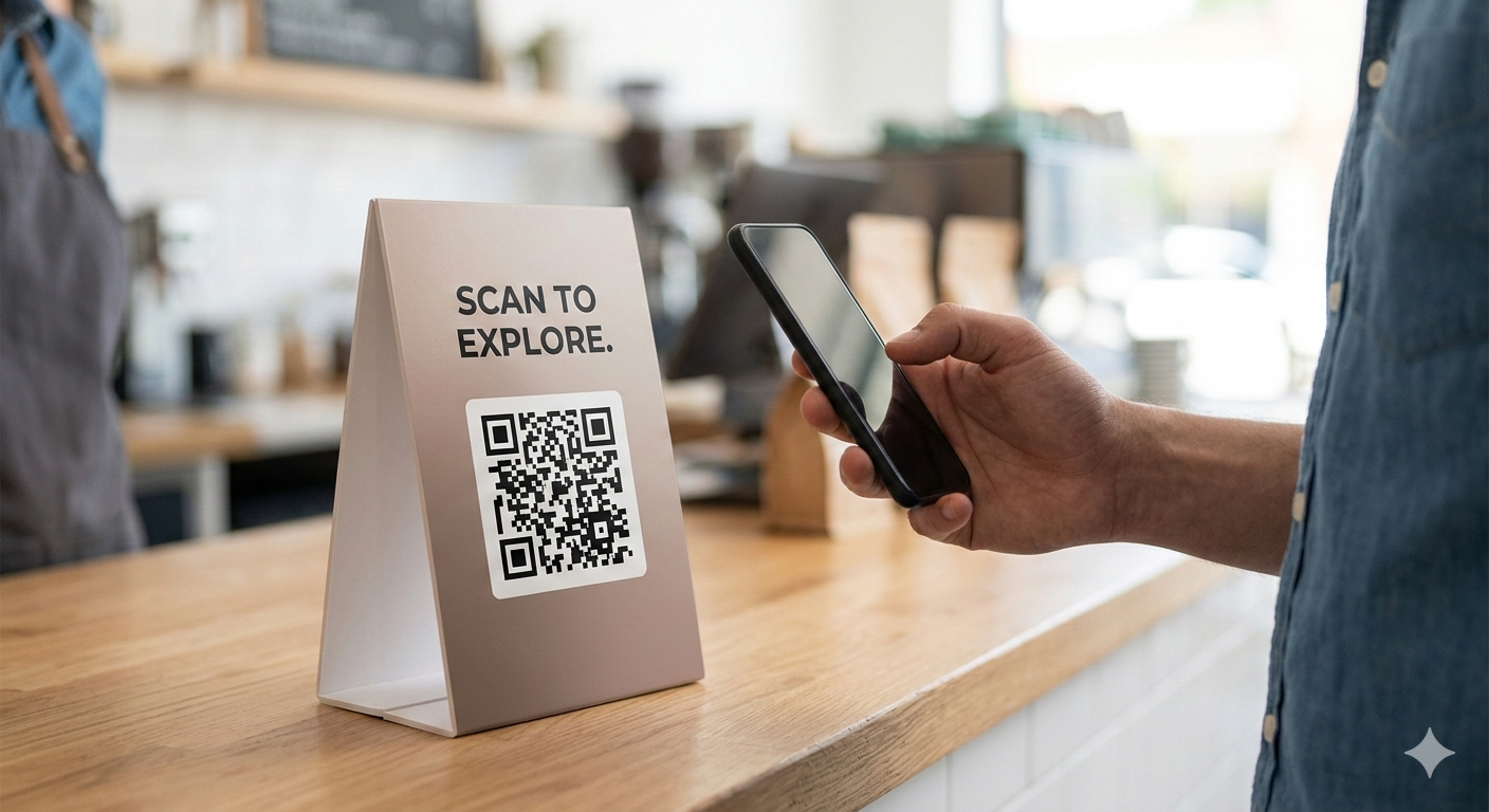 Small business owner using a digital tablet with a QR code
