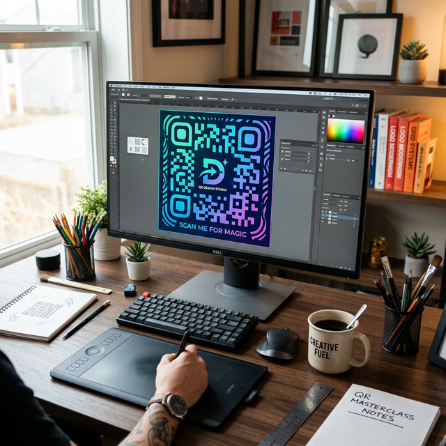 Graphic designer creating a custom branded QR code with vibrant colors and a logo