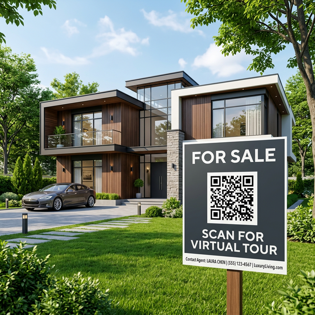 A modern luxury house with a 'For Sale' sign featuring a large QR code for virtual tours