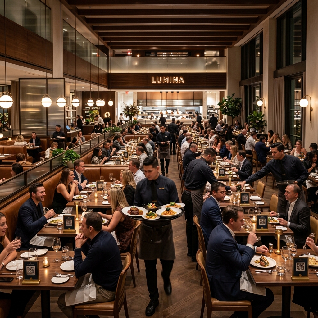 A busy modern restaurant with unique QR codes on every table