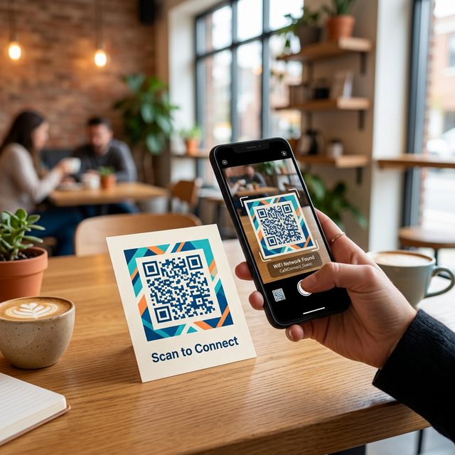 Smartphone scanning a WiFi QR code to connect instantly